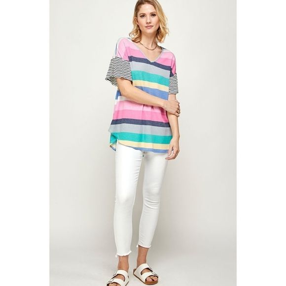 Pink Multi-Stripe Round Bottom Raffle Sleeve Top - Picture 3 of 6